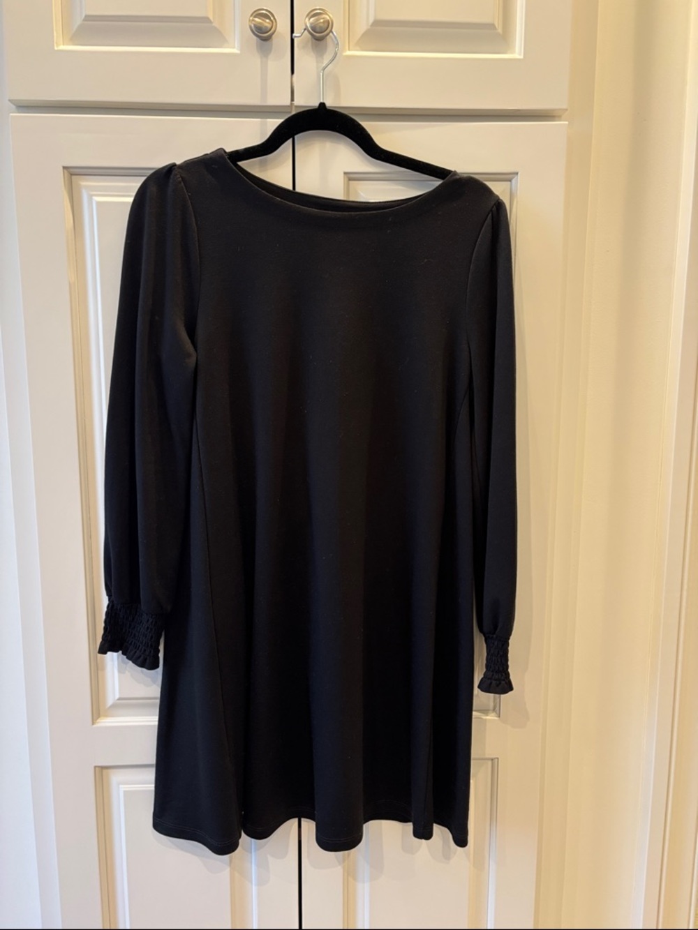 LOFT Black Long-Sleeve Shift Dress with Smocked Cuffs